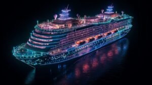 aerial view of a cruise ship at night with smart services